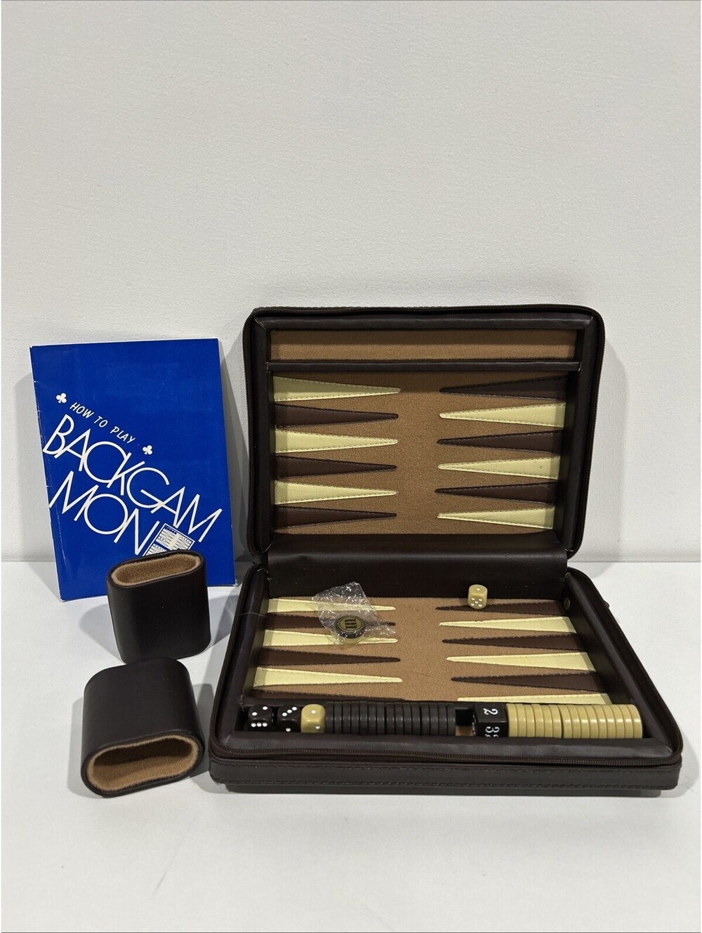 Vintage Backgammon Set in Brown Faux Leather Travel Case Complete Game Set
